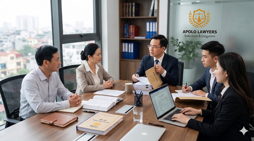 Khách hàng làm việc với luật sư đại diện trong tranh chấp tài sản