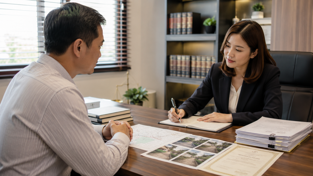Khách hàng trao đổi hồ sơ đất đai với luật sư