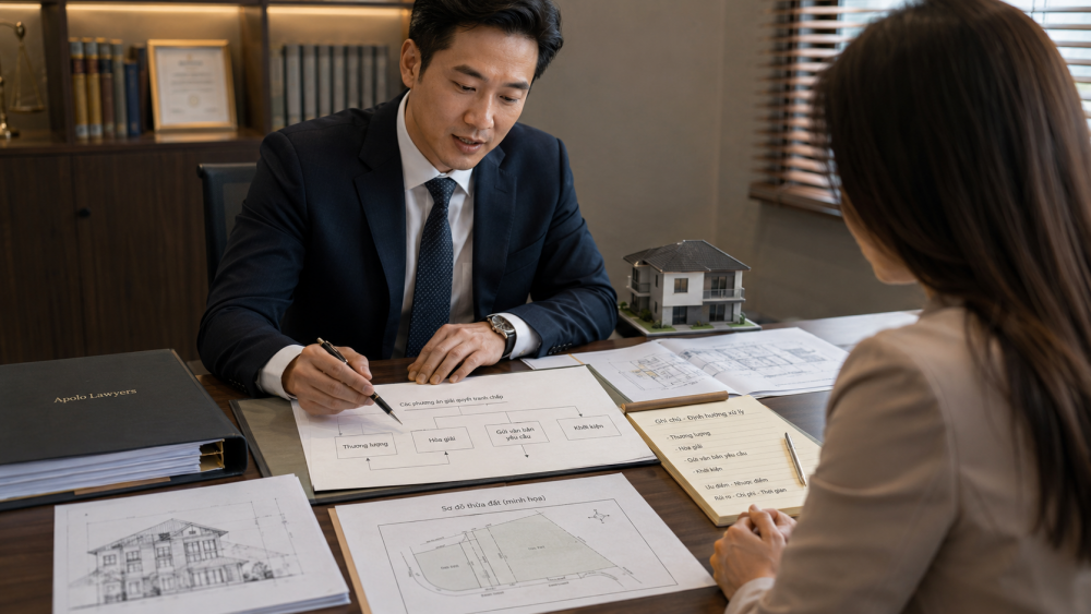 Luật sư trao đổi phương án xử lý tranh chấp nhà ở với khách hàng
